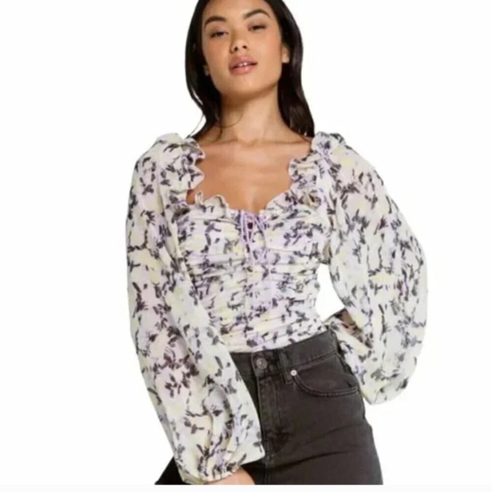 Free People Mabel Purple Floral Printed Blouse in Lilac Combo Keyhole Back XS